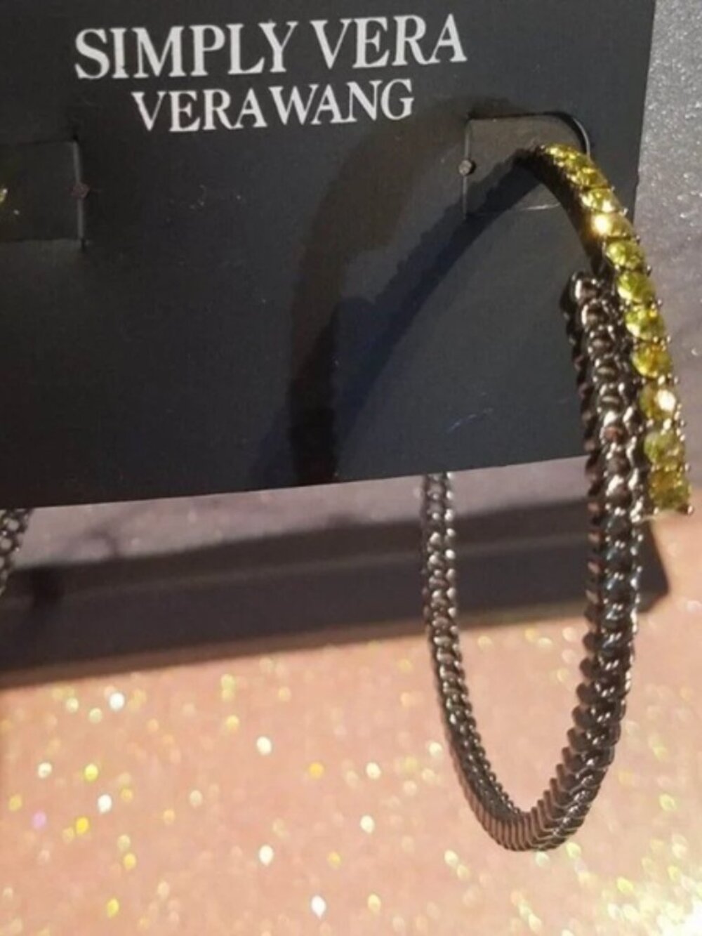 VERA WANG Rocker Chic Gunmetal Yellow-Green Crystal 2.56" Hoop Earrings**NEW! - Picture 4 of 11